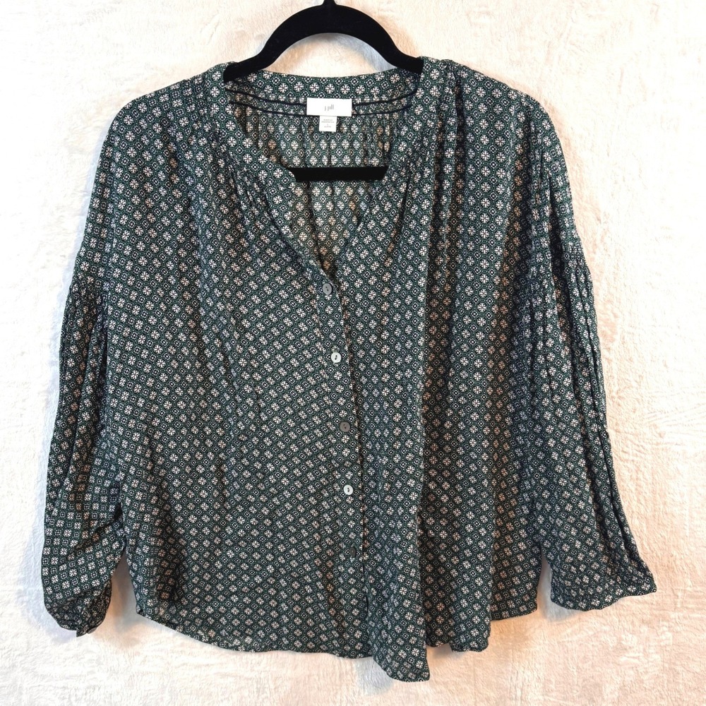 J Jill Green Floral Medallion Button Front Rayon Blouse Top‎ Womens Large Petite